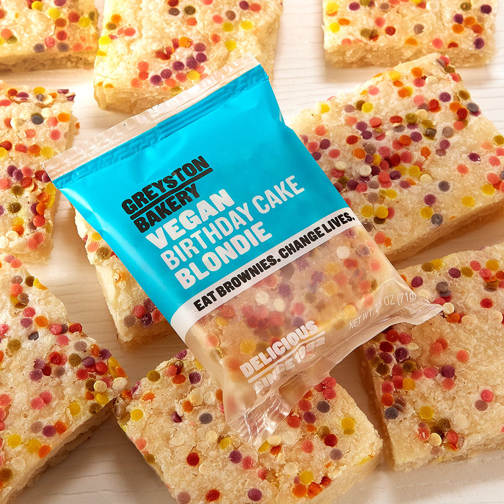 A delicious 8 piece gift box of Greyston Bakery Vegan Birthday Cake Blondies