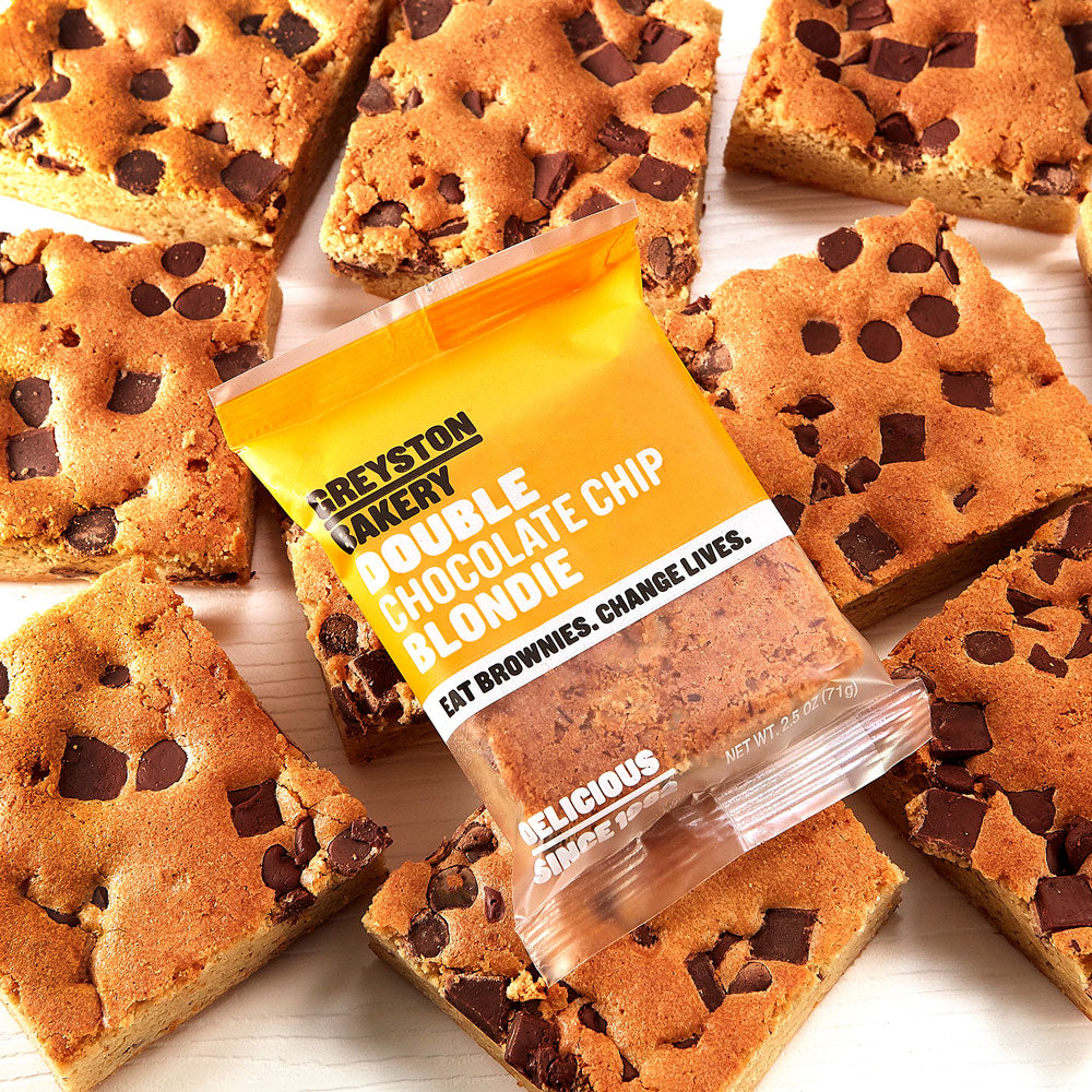 A delicious 8 piece gift box of Greyston Bakery Double Chocolate Chip Blondies