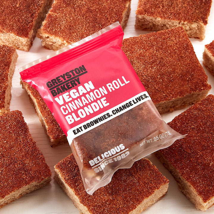 A delicious 8 piece gift box of Greyston Bakery Vegan Cinnamon Roll Blondies