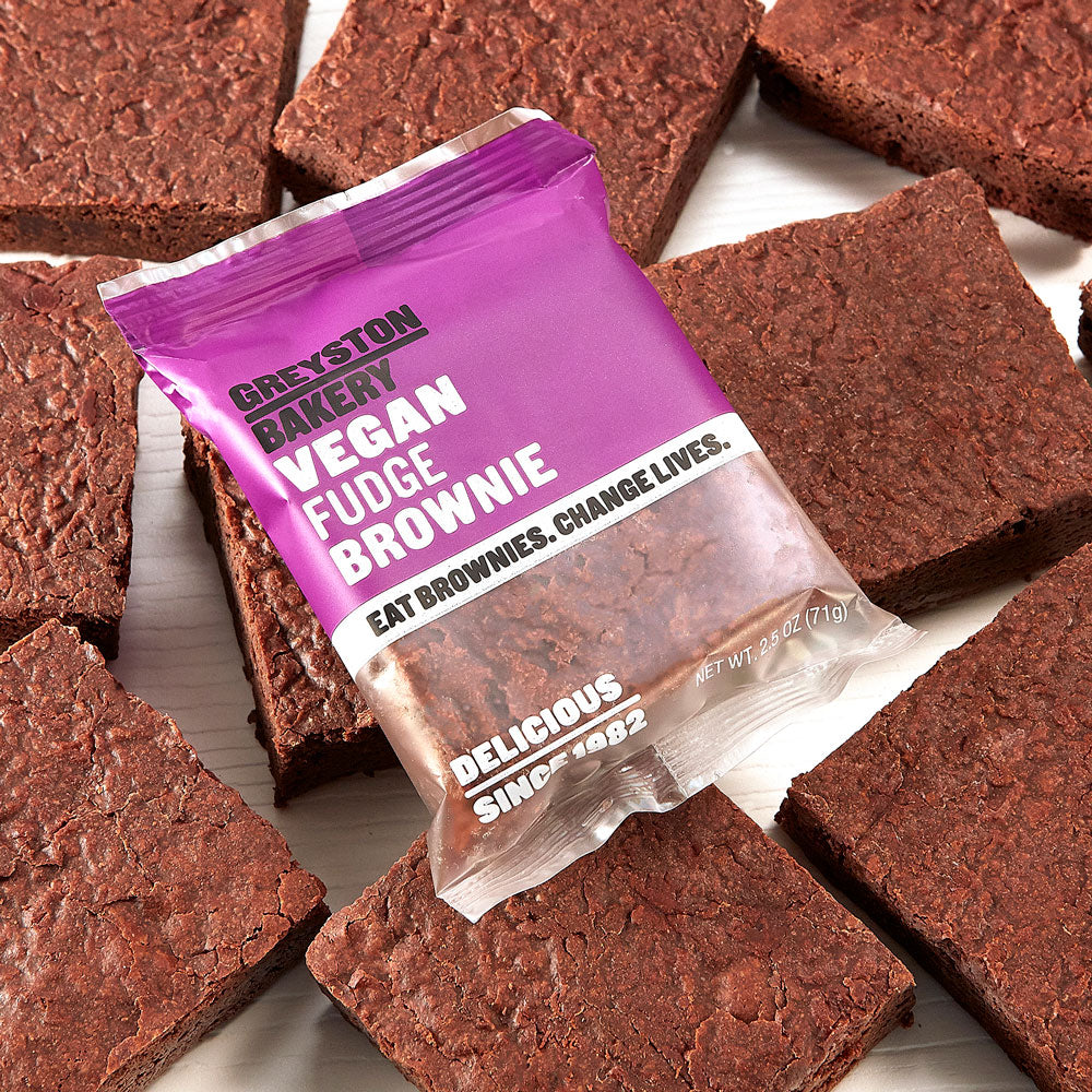 A delicious 8 piece gift box of Greyston Bakery Vegan Fudge brownies