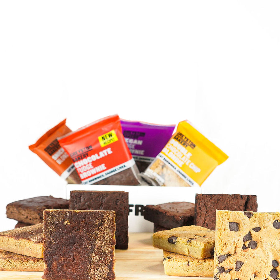 Greyston Bakery A Dozen Reasons To Smile gift - 4 flavors: Chocolate Fudge, Double Chocolate Chip, Snickerdoodle, and Vegan Fudge. 12 pieces and one delicious brownie gift!