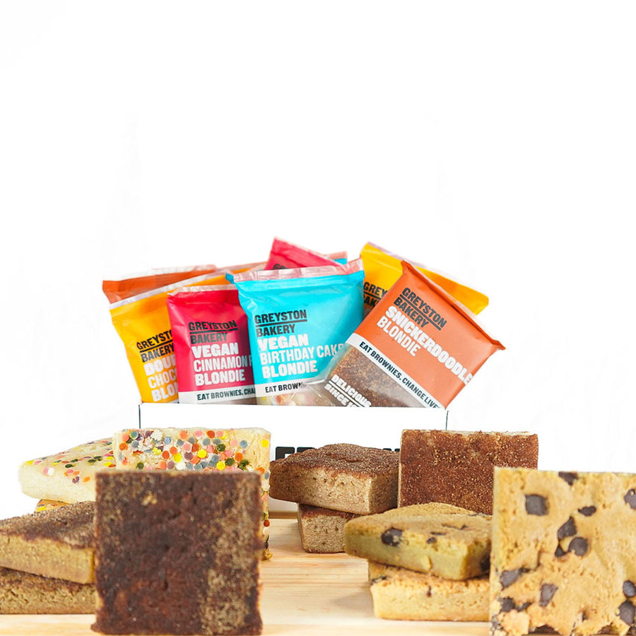 Greyston Bakery Blondies Have More Fun Gift Box - all your favorite blondies in one bundle.  Snickerdoodle, Birthday Cake.  Cinnamon Roll and Double Chocolate Chip Blondies.  