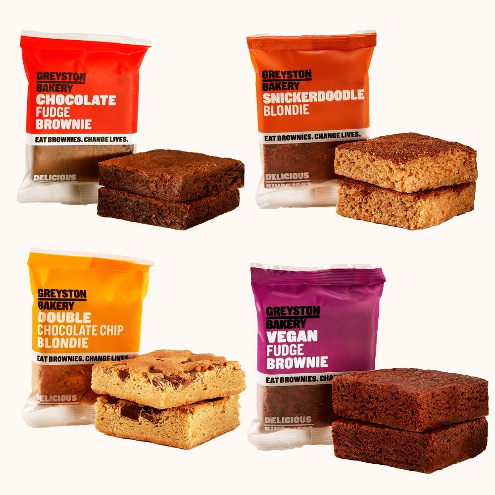 Greyston Bakery A Dozen Reasons To Smile gift - 4 flavors: Chocolate Fudge, Snickerdoodle, Double Chocolate Chip, and Vegan Fudge. 12 pieces and one delicious brownie gift!